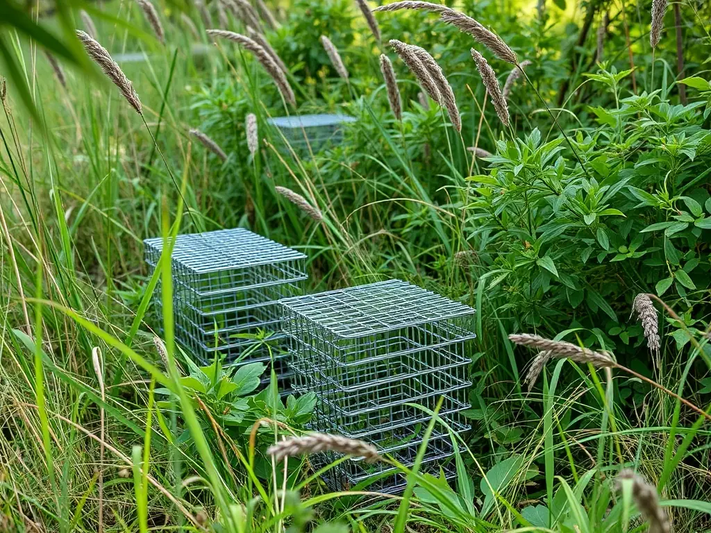 A photograph of traps set to capture invasive species, illustrating the control of nuisance species program by SOCIETE COMMUNALE DES CHASSEURS DE SAINT AULAIRE.