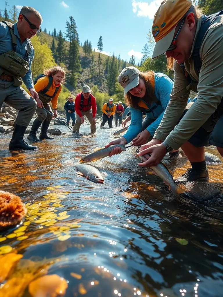 An image of volunteers releasing fish into a river, symbolizing the restocking efforts to maintain healthy fish populations for sustainable hunting.
