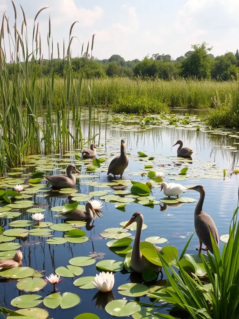 A serene image of a protected wetland habitat, showcasing diverse plant and animal life, reflecting the organization's commitment to habitat preservation.