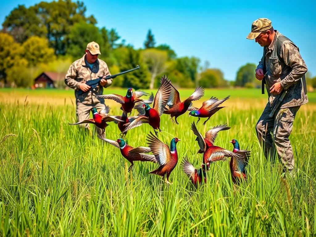 A photograph showing hunters releasing pheasants into a managed hunting area, showcasing the restocking program of SOCIETE COMMUNALE DES CHASSEURS DE SAINT AULAIRE.