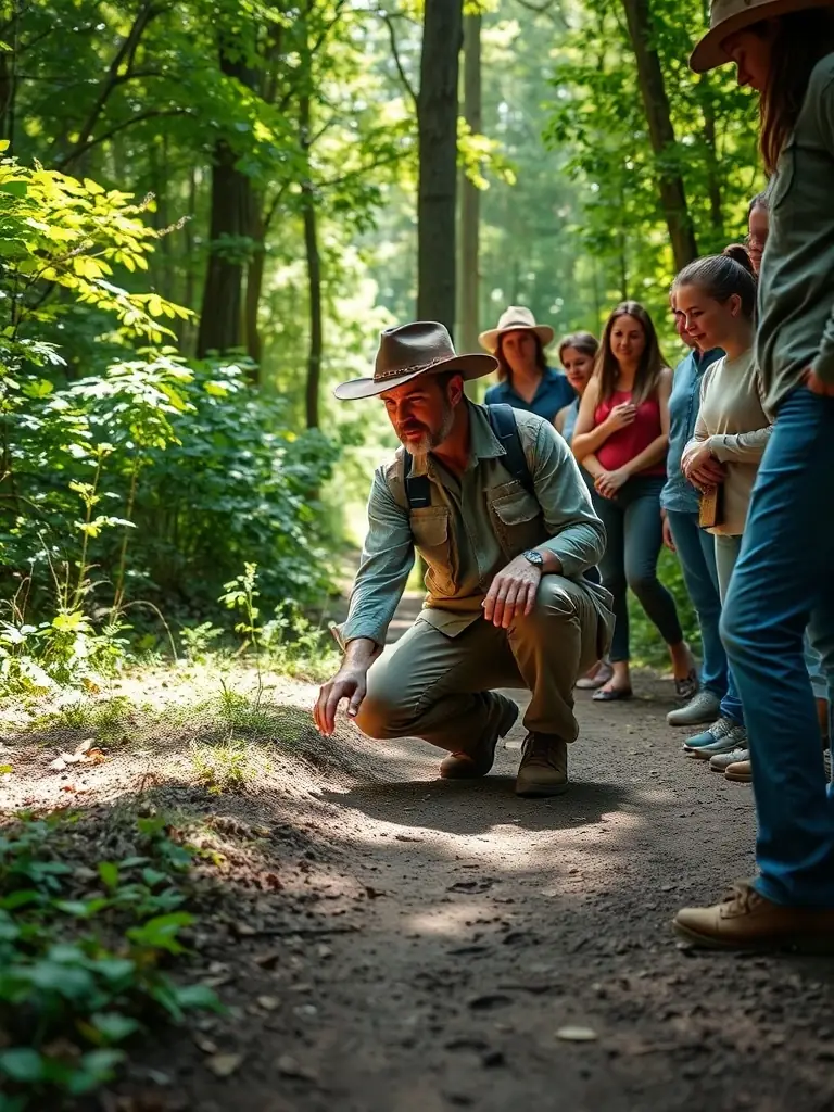 A hunter carefully examining animal tracks in the forest, emphasizing the importance of wildlife management and conservation.