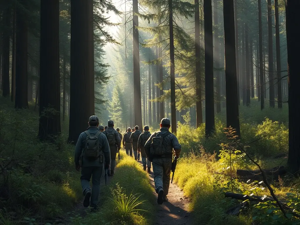 A group of hunters participating in a controlled hunt in a forest, focusing on sustainable harvesting practices and wildlife management.