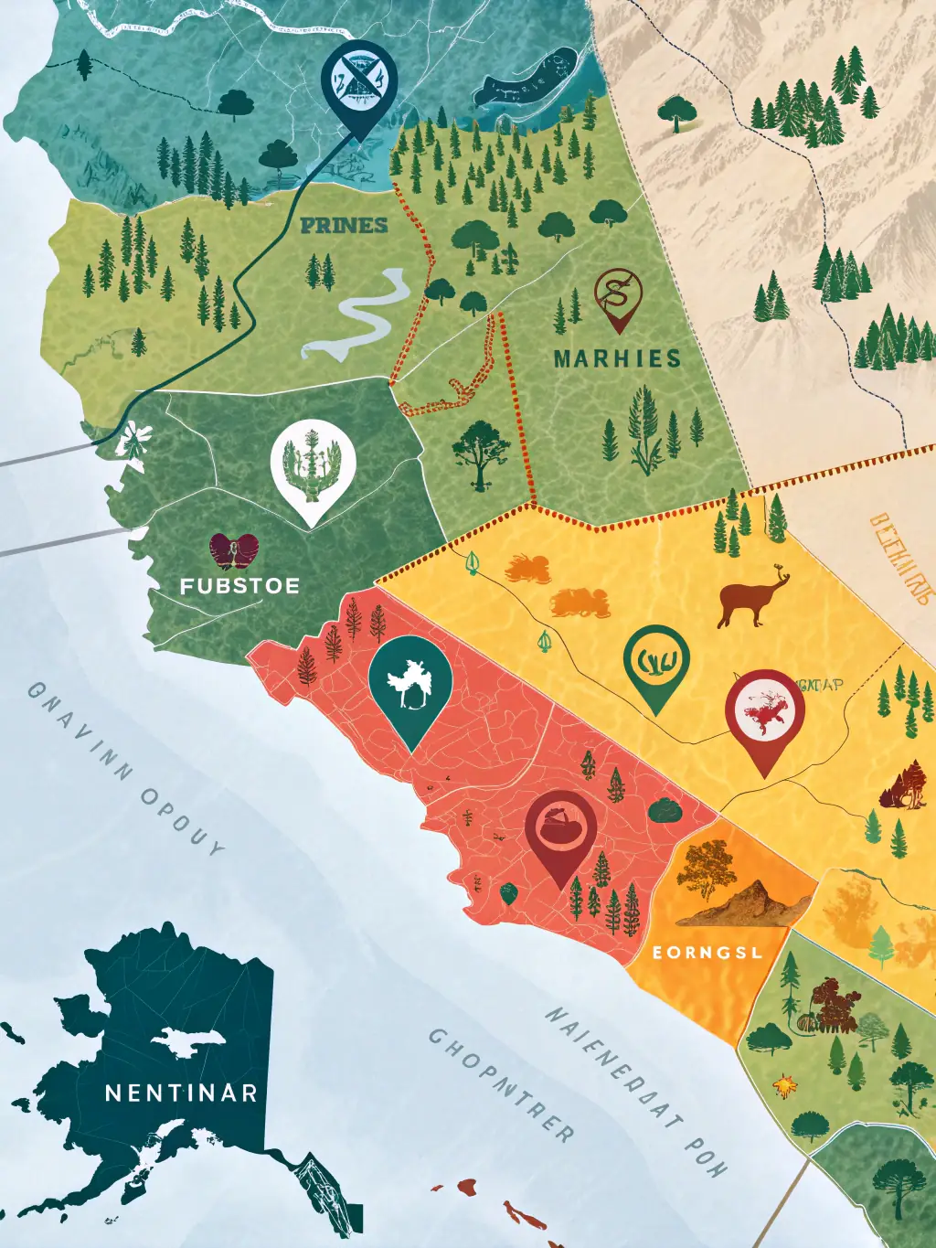 A map of the hunting grounds available to members, highlighting the diverse terrain and abundant game.