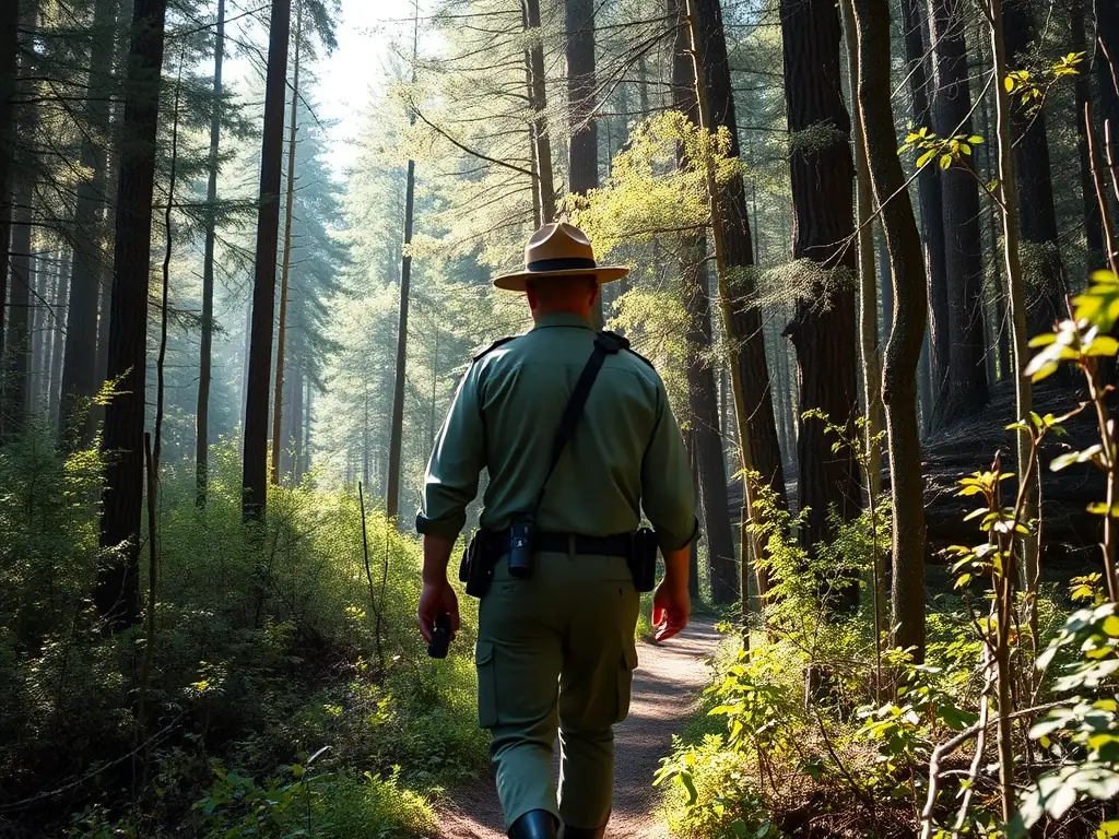 A photograph depicting a wildlife ranger patrolling a forest area, symbolizing the organization's efforts to prevent poaching and protect local wildlife.