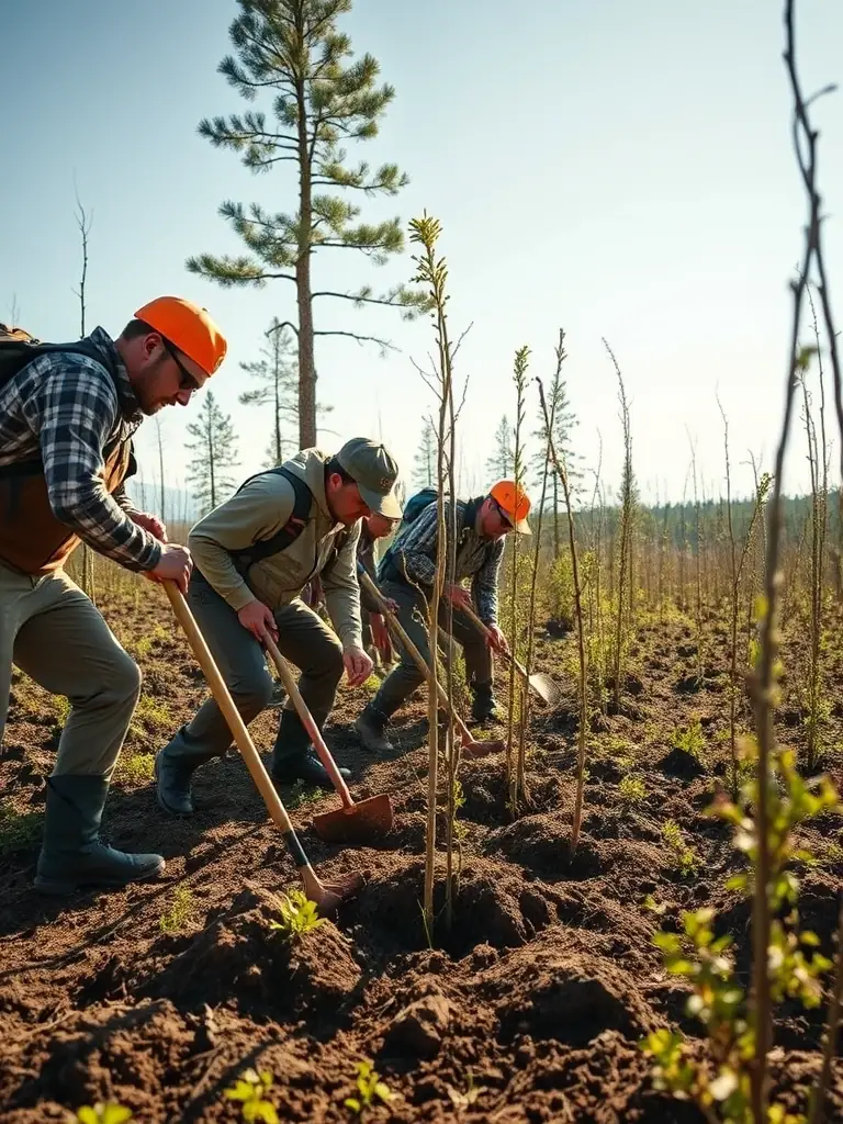A group of hunters participating in a habitat restoration project, planting trees and clearing debris, demonstrating community involvement and environmental stewardship.