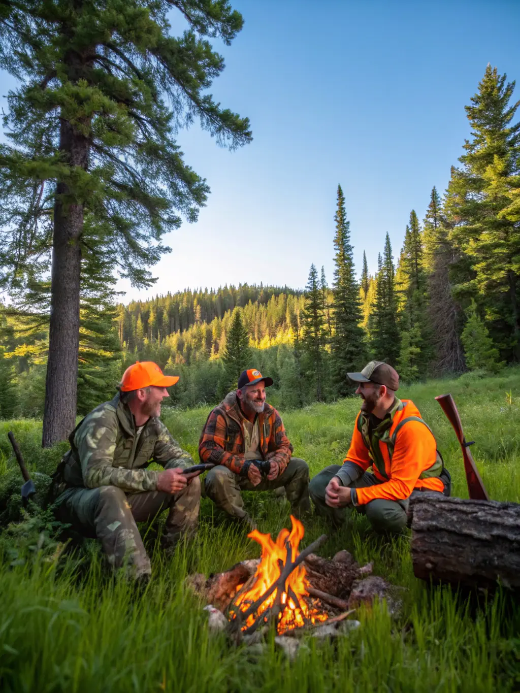 A group of hunters in Saint Aulaire, smiling and shaking hands after a successful hunt, showcasing camaraderie and shared success.