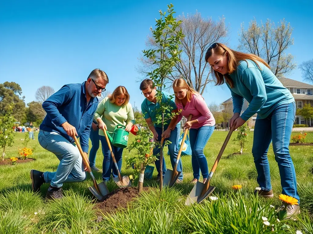 A photograph showing community members participating in a habitat restoration project, highlighting the organization's commitment to community engagement.
