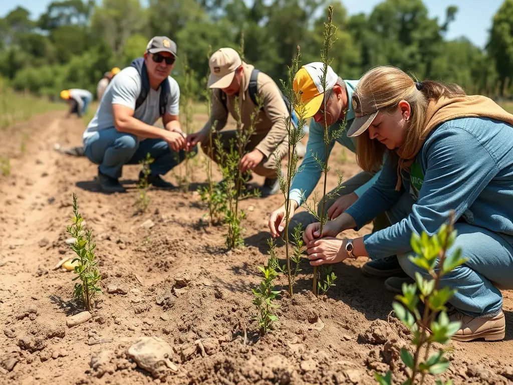 A photograph depicting volunteers planting native trees and shrubs in a deforested area, illustrating habitat restoration efforts by SOCIETE COMMUNALE DES CHASSEURS DE SAINT AULAIRE.