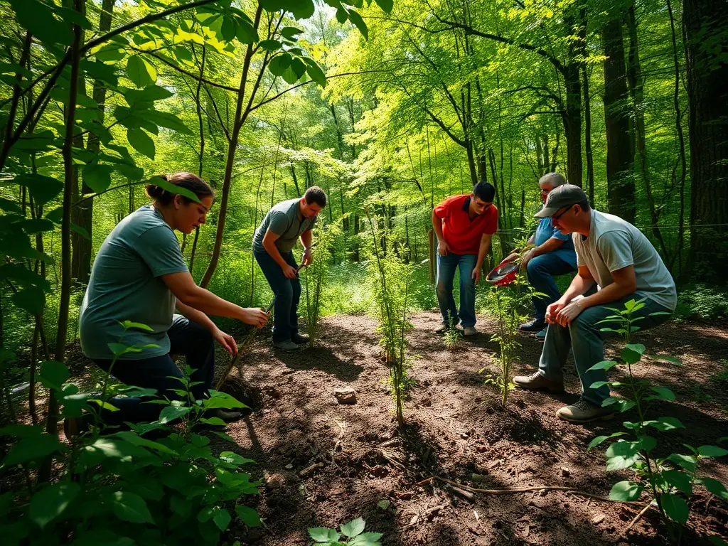 A volunteer team planting native trees and shrubs in a deforested area, emphasizing habitat restoration and biodiversity enhancement.