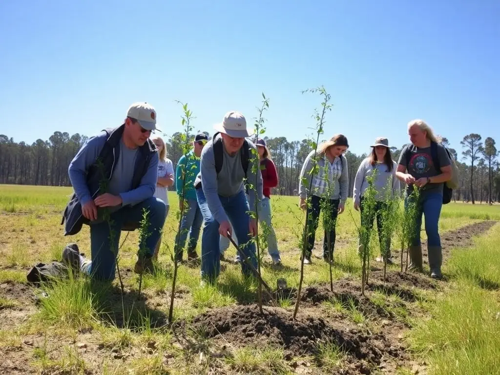 A photograph depicting volunteers planting native trees in a deforested area, illustrating habitat restoration efforts by SOCIETE COMMUNALE DES CHASSEURS DE SAINT AULAIRE.