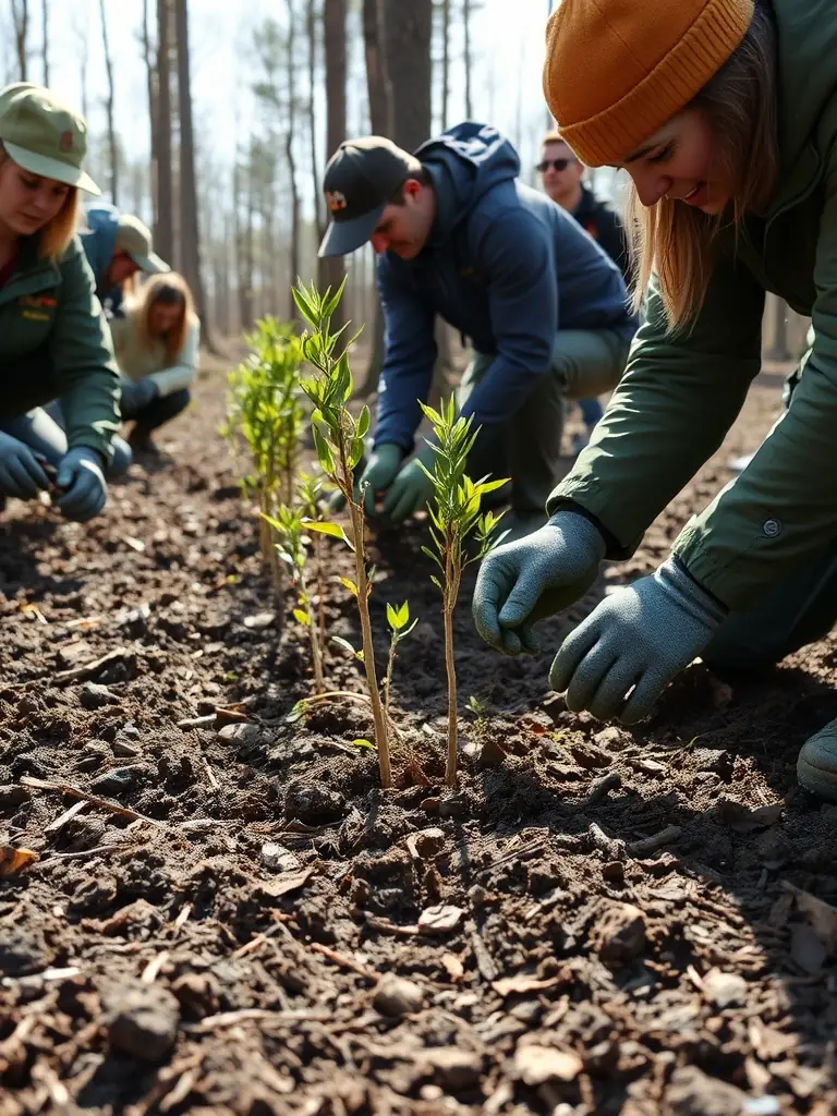 A photograph depicting volunteers planting trees in a forest, illustrating habitat protection efforts by SOCIETE COMMUNALE DES CHASSEURS DE SAINT AULAIRE.